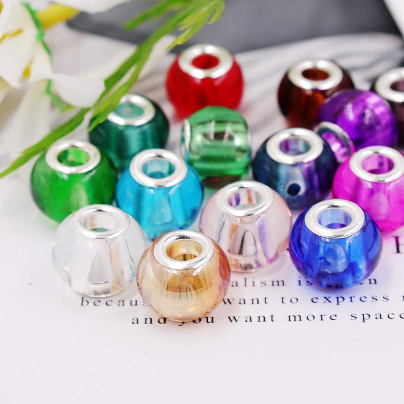 AIPRIDY 100Pcs 15x11mm Painting Murano Large Hole Glass Beads Mix Color with Silver Brass Cores European Charm fit Bracelet Necklace (Transparent Double Color Glass) - Image 2